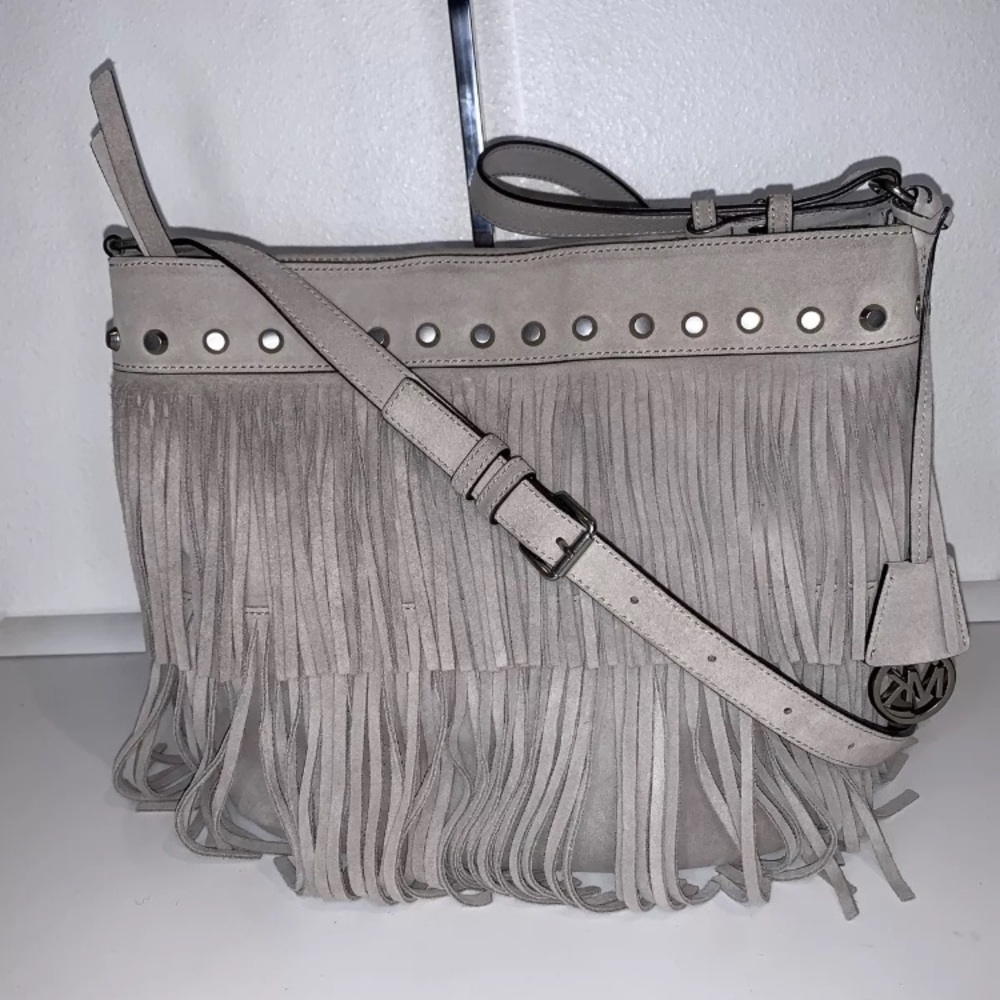 Michael Kors Billy Fringe Suede Cement Hobo with Studs